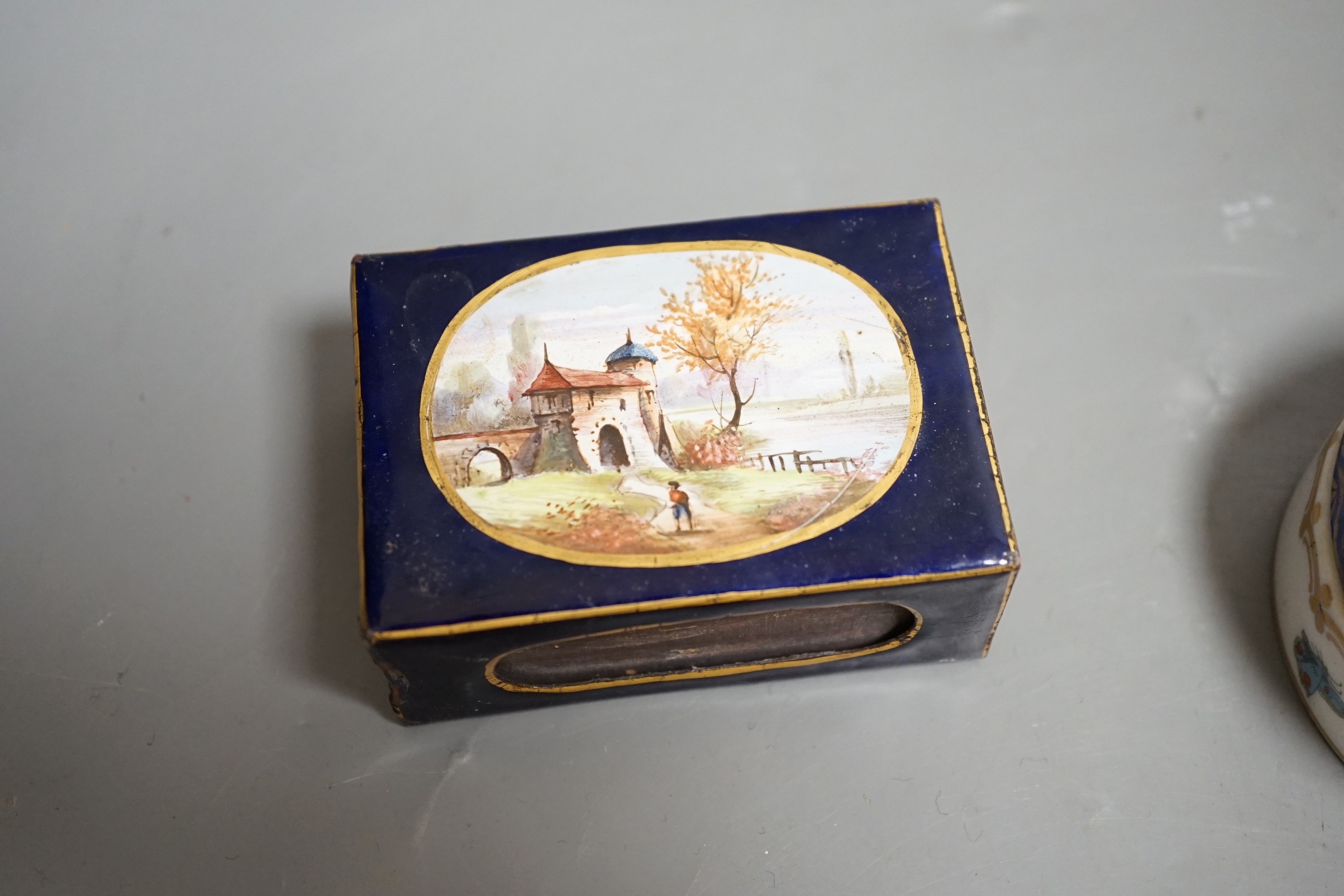 A Continental circular porcelain pot and cover, a plaque and a matchbox cover